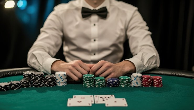Tampilan meja Texas Poker di platform online casino dengan tata letak kartu dan area betting